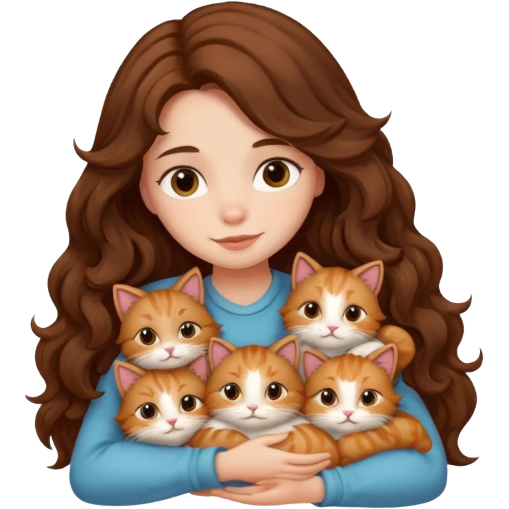 girl with long wavy brown hair cuddling with 6 cute cats emoji