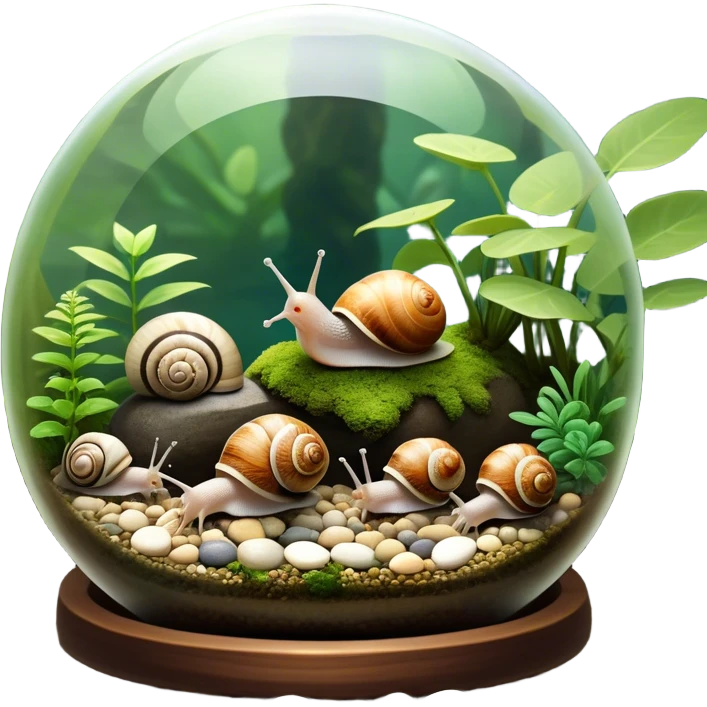 A collection of various snails and mollusks inside a big, lush terrarium with plants and moss. Some snails are crawling along the glass while others rest on pebbles. The scene is serene with soft lighting, showcasing the natural beauty of the mollusks. Transparent background. emoji