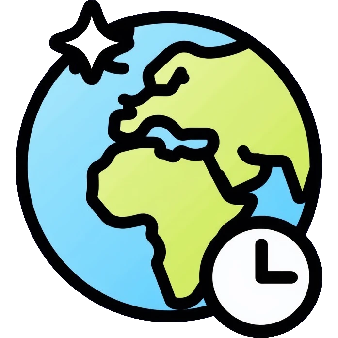 Earth globe with a small clock in the bottom corner, timezone icon emoji
