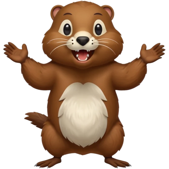  A crazy beaver is standing on its hind legs with its front paws stretched out in front of it. It has a brown fur coat with white fur around its eyes and nose. mouth is open, revealing sharp teeth. More craziness emoji