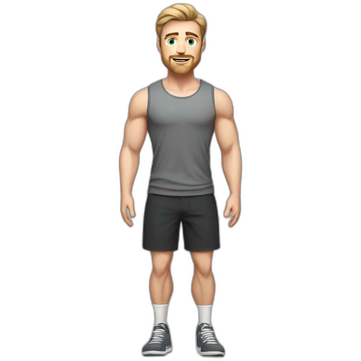 Full height Pale skinned fit man With biceps, Realistic eyes and mouth, light brown hair and stubble In dark gray sleeveless mike, black oversize sports shorts, watch and white sneakers. emoji