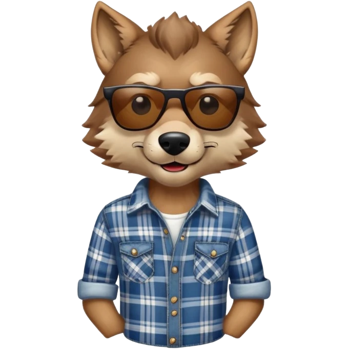 head and shoulders friendly brown-furred anthropomorphised wolf in plaid shirt and jeans, wearing dark sunglasses, relaxed pose emoji