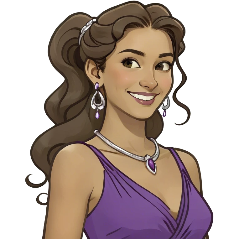 Young woman with long brown hair in a high wavy ponytail, with a single curl falling on her forehead. She wears a purple Grecian dress and has a confident, playful smile. Inspired by Disney animation. emoji