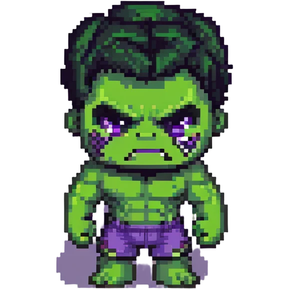 chibi version of Hulk from Marvel, exaggerated head, green skin, purple shorts emoji