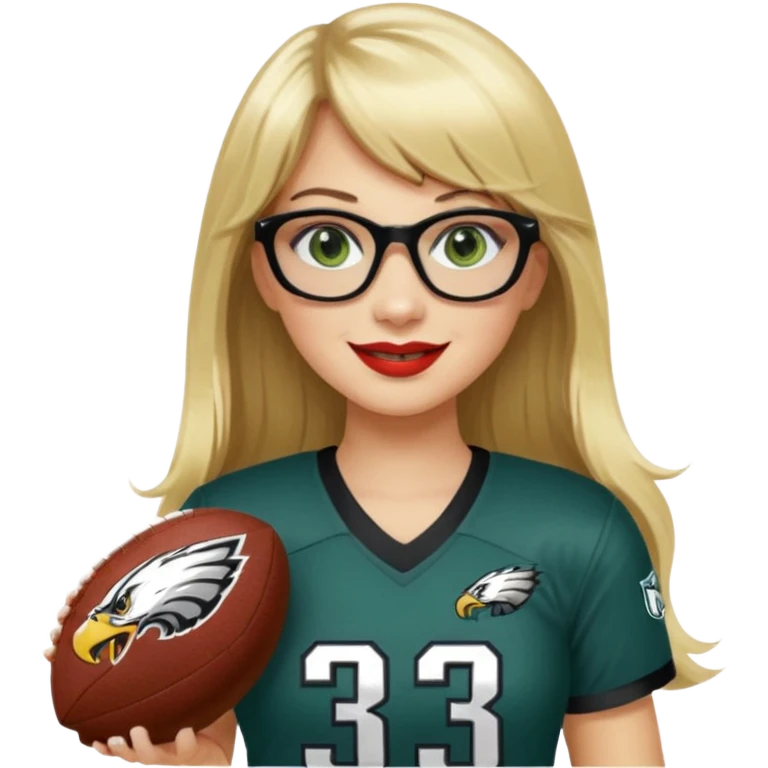 full length women wearing eagles uniform, long blonde hair, bangs, green eyes, black glasses, holding football, number 33, smiling, lipstick emoji