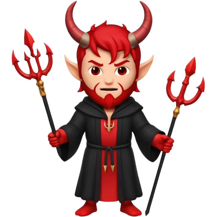 Full body 3D Memoji male devil in a dark robe, holding a trident symmetrically with both hands centrally. Red skin, horns, solid background. emoji