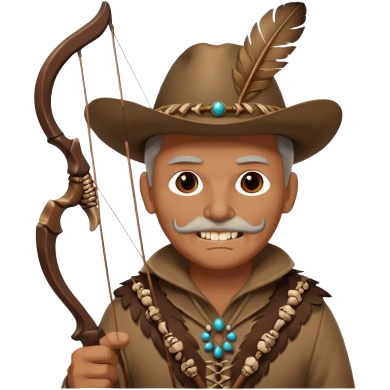 The classic image of a middle-aged uncle hunter carrying a bow, dressed in brown clothes, with some ornaments made of feathers, bones or teeth on his body. emoji