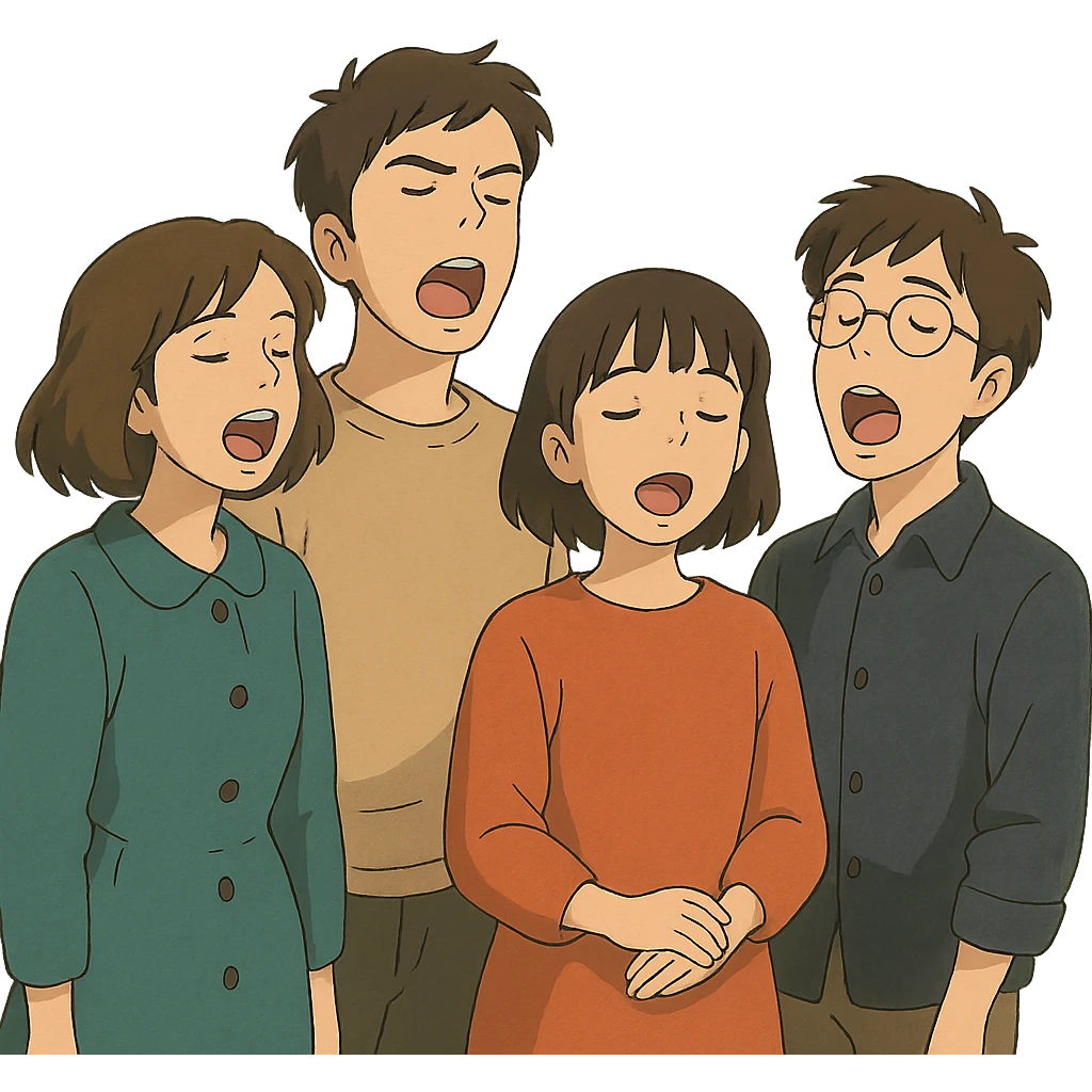 harmonious and expressive acappella group, ghibli style emoji