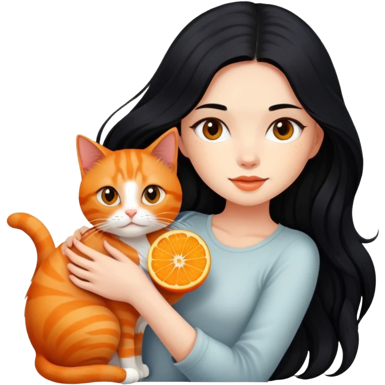 beautiful girl with long flowing black hair holding an orange ginger cat emoji