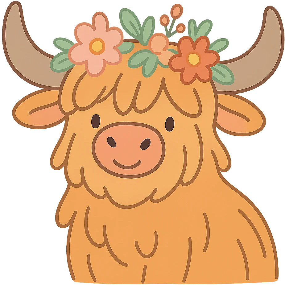 highland cow with a floral crown, soft pastel style emoji