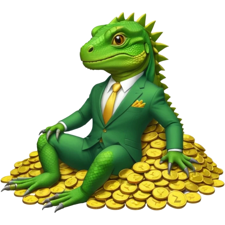 capitalist iguana in suit lying resting on coins emoji
