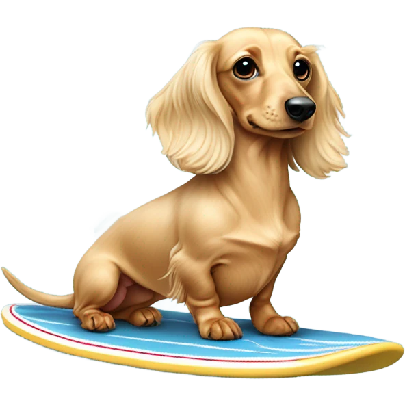 Long haired miniature dachshund cream colour on surfboard emoji
