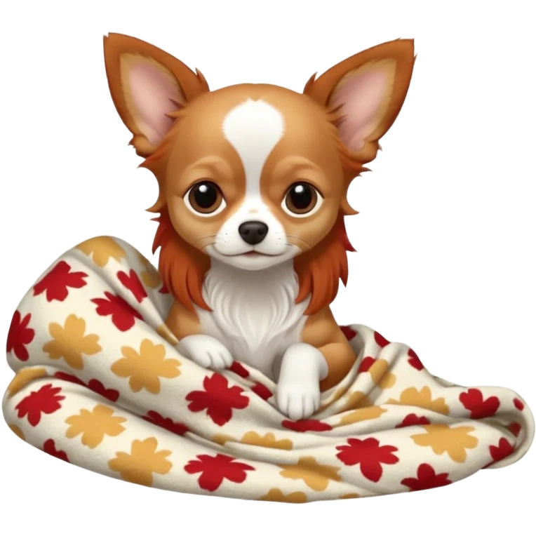 Long haired chihuahua, beige/redhaired with white chest and white socks, head without white, sleeping cutely under blanket emoji