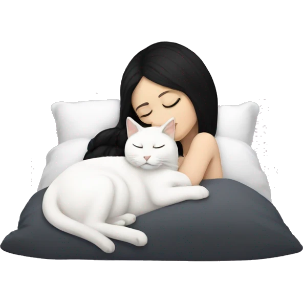 White girl with black hair sleeping with white cat emoji
