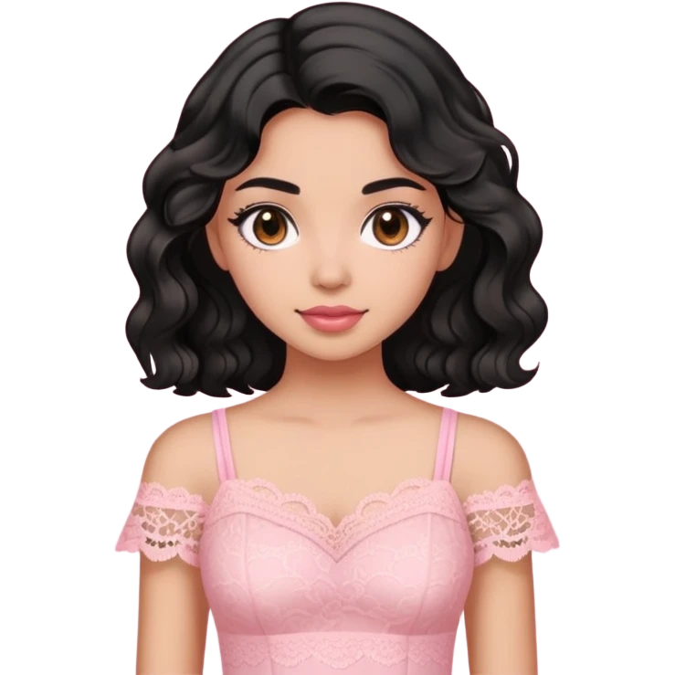 A girl with morena skin tone and black wavy hair wearing pink lace top emoji