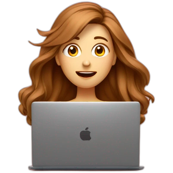 women in front of a laptop with a surprised face, brown light long hair, she is looking the laptop, hair in the air, caucasian, speed red background emoji