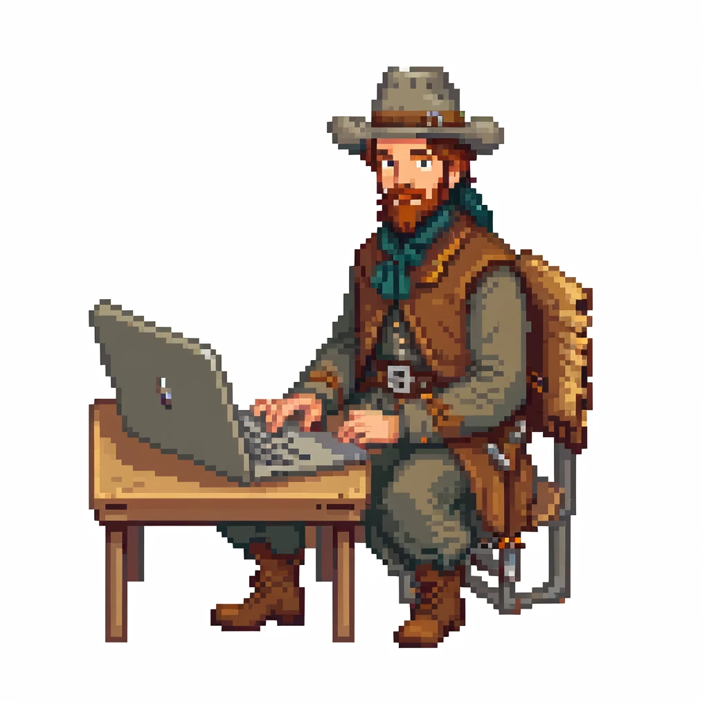Pioneer settler in old frontier clothing sitting at a modern laptop computer emoji