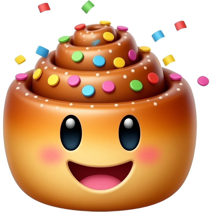 cinnamon roll with very happy face and confetti background emoji