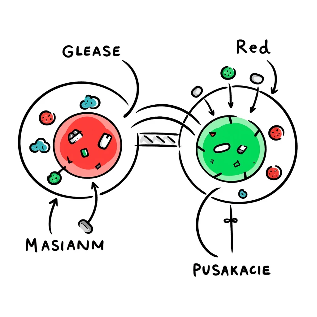 Anti-diabetic treatment visualization: hand-drawn diagram comparing high glucose state (red side) versus treated state (green side) with medication symbols, insulin receptors, and cellular glucose uptake. Colorful educational illustration with before/after comparison and labeled components. emoji