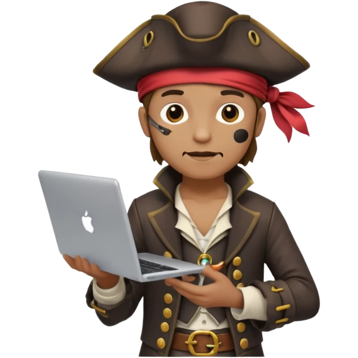 pirate standing with a laptop, dressed as a programmer, playful and clever expression, modern pirate hat, tech gadgets emoji