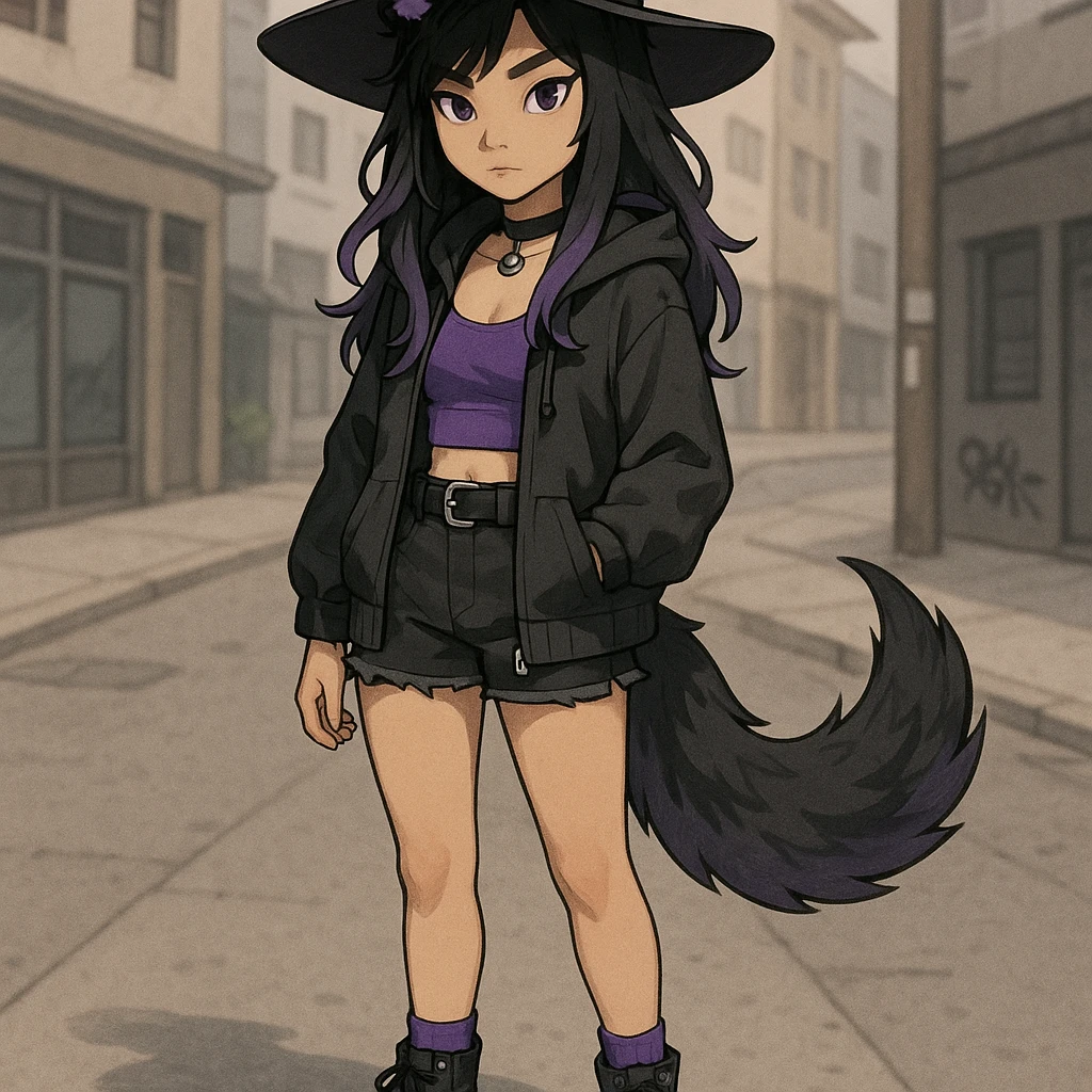 modern interpretation of a witch with black hair, wolf ears and wolf tail, youthful, purple accents, trendy clothing, urban style emoji