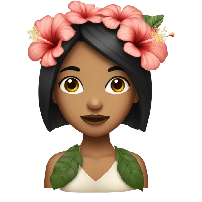 Girl with freckled skin with black straight hair holding hibiscus flowers emoji