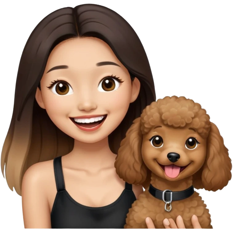 a asian girl with long straight balayage hair, long lashes, laughing, wearing black halterneck top, and holding a brown poodle emoji