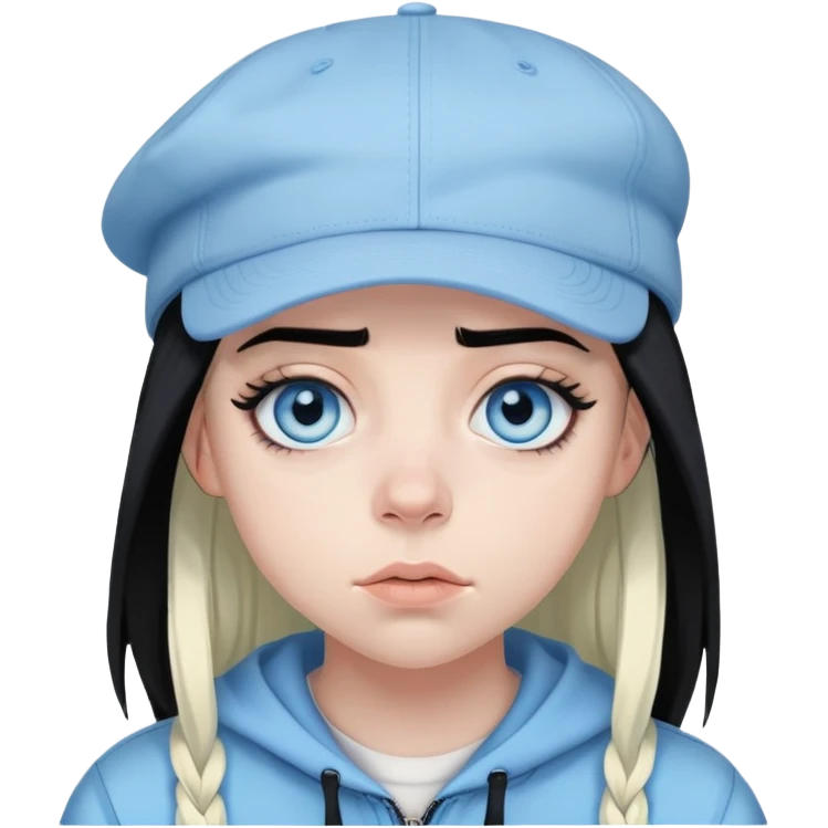 billie eilish wearing backwards cap, black hair, black eyeliner, light blue eyes emoji