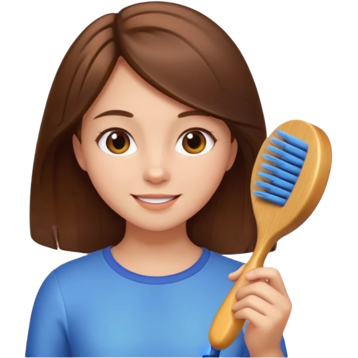 sweet girl with shiny brown hair brushing it gently, cheerful expression, iPhone emoji style emoji