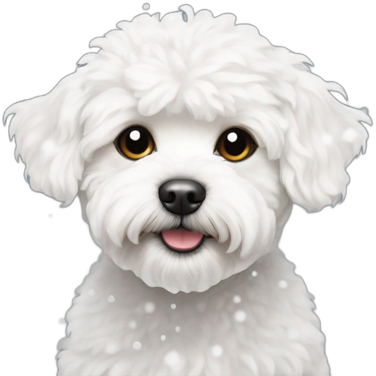 white maltipoo in the winter, having snow on the nose emoji