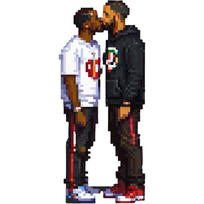 P Diddy kissing Drake, pixel art emoji