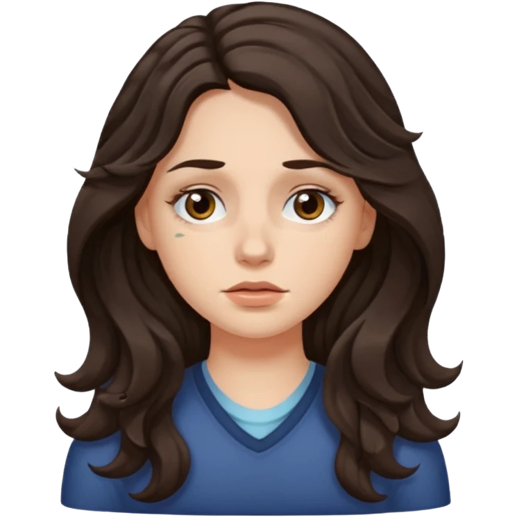 A white girl with long dark brown wave hair and patches under her eyes emoji