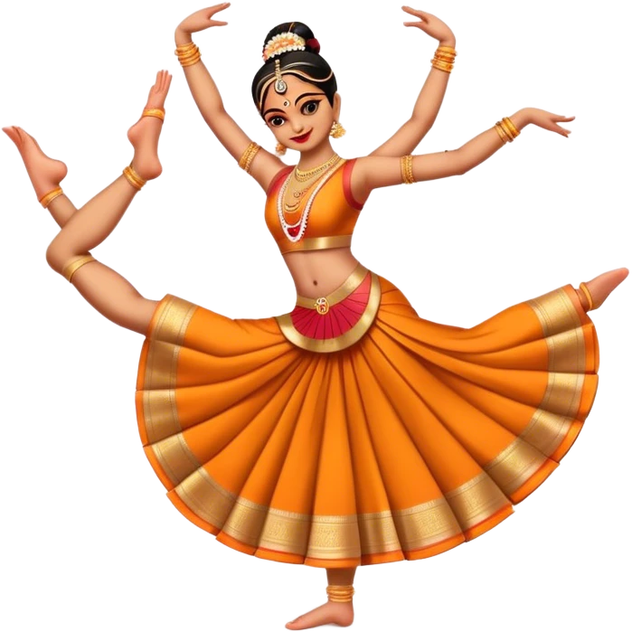 Cinematic Realistic Bharatanatyam Dance Emoji, depicted as an elegant classical Indian dance performance with graceful poses, intricate costumes, and expressive hand gestures, rendered with rich textures and warm dramatic lighting that captures its timeless beauty. emoji
