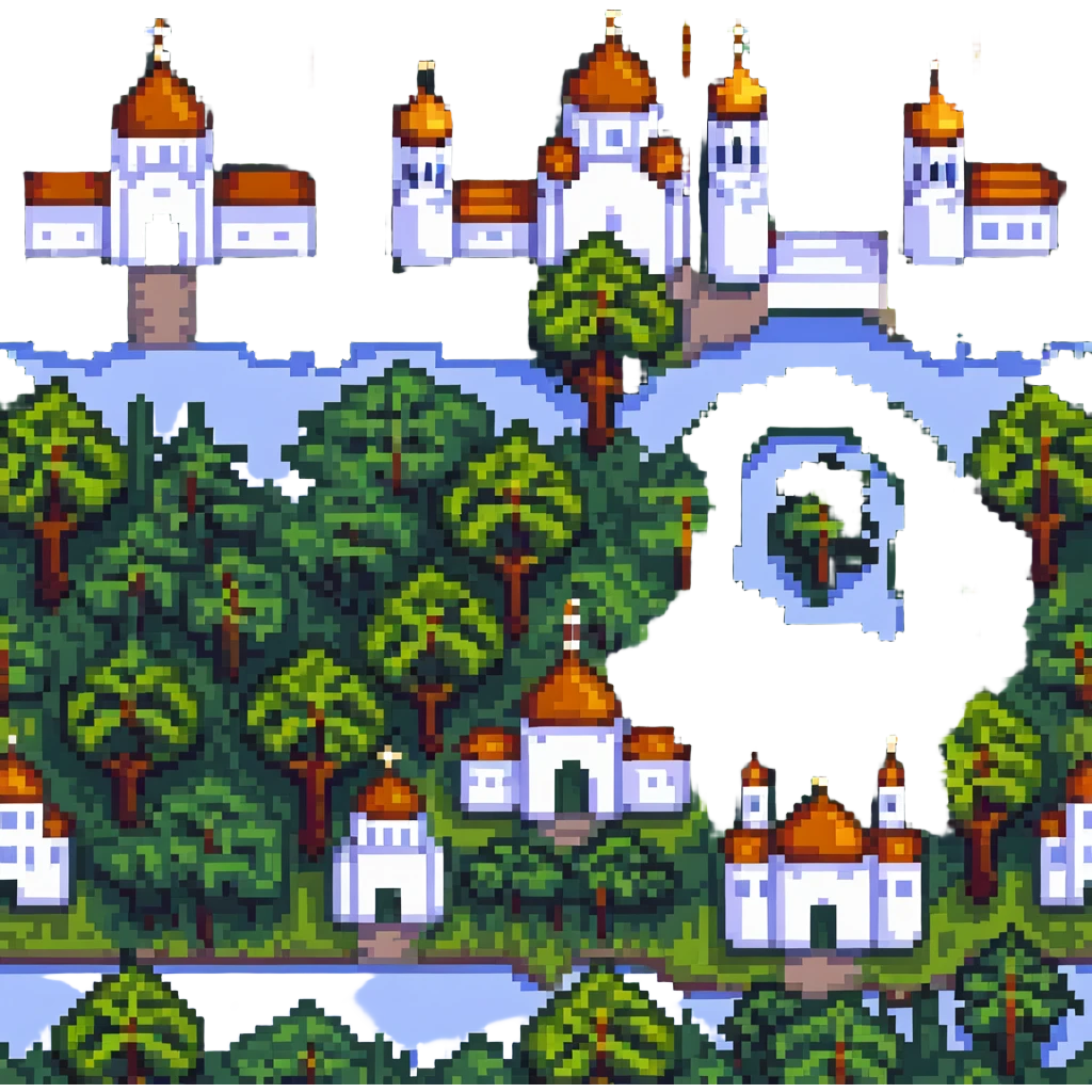 cityscape of Nalchik with iconic buildings and trees in pixel art style emoji