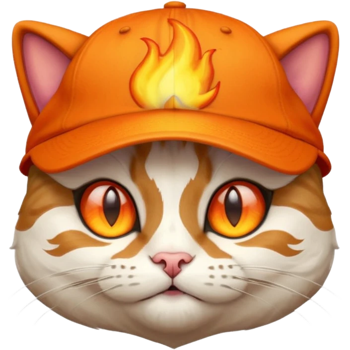 Cat with the flames in his eyes with a orange baseball hat on his head emoji