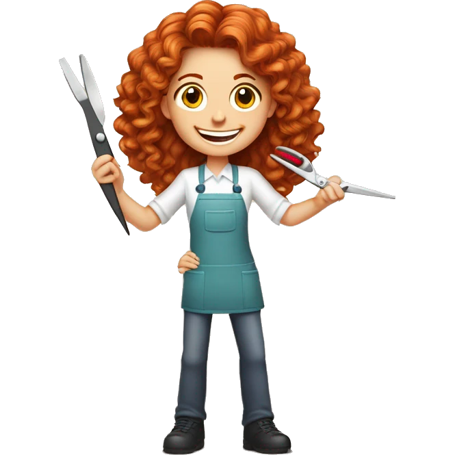 The manicure master is a red-haired girl with a nail file and scissors in her hand. He smiles, winks and calls for an appointment with his other hand emoji