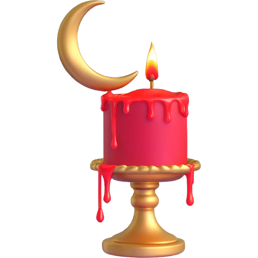 dripping red candle in a gold holder with a crescent moon in the background emoji
