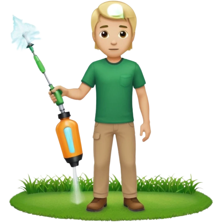man blonde hair and no hat with a emerald green shirt and tan pants on carrying chemical sprayer and pointing it downwards to spray at bright green grass emoji