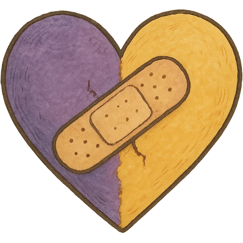 ghibli style purple and yellow heart with a bandage emoji