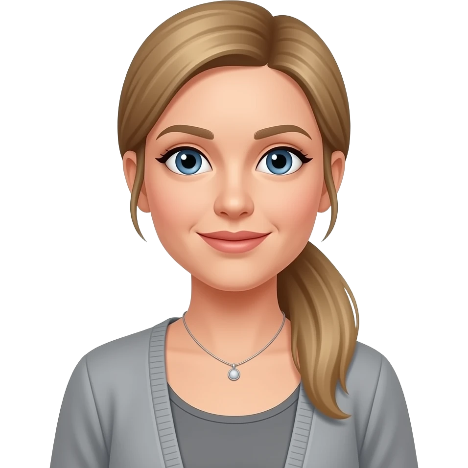 smaller Blue eyes, fair skin, longer blonde/brown hair pony tail, 38 aged women, cardigan, grey top,small necklace emoji