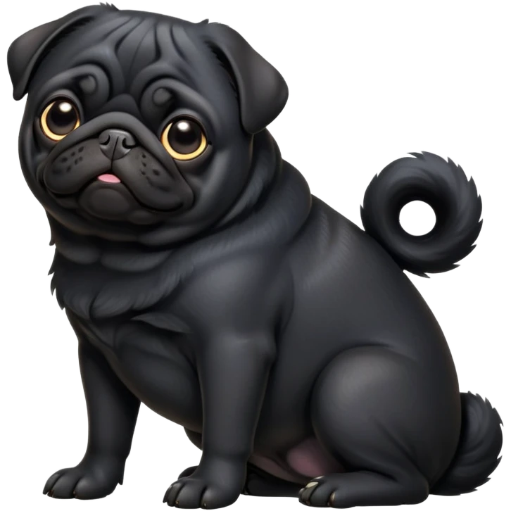 cinematic-[black pug]-realistic-full-body-sitting-emoji,-tail-resting-loosely-beside-its-paws,-head-tilted-dramatically, -sleek-[black]-fur,-simplified-yet-realistic-focused-features,-highly-detailed,-glowing-with-an-almost-sarcastic-glow emoji