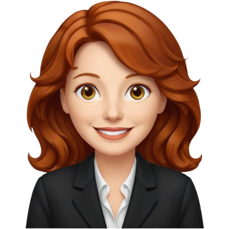 emoji of a woman in her 50s, wavy auburn hair, wearing a blazer, smiling emoji