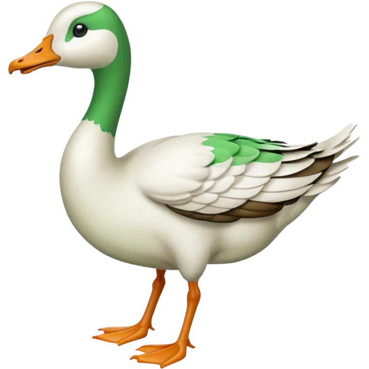 "Emoji of a running goose with a very long neck and two legs. The goose looks like a white goose dyed green, not a duck." emoji