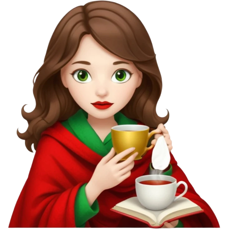 Long wavy brown haired, white skinned, green eyed girl with red lipstick wrapped in a blanket, sipping tea and reading a book emoji