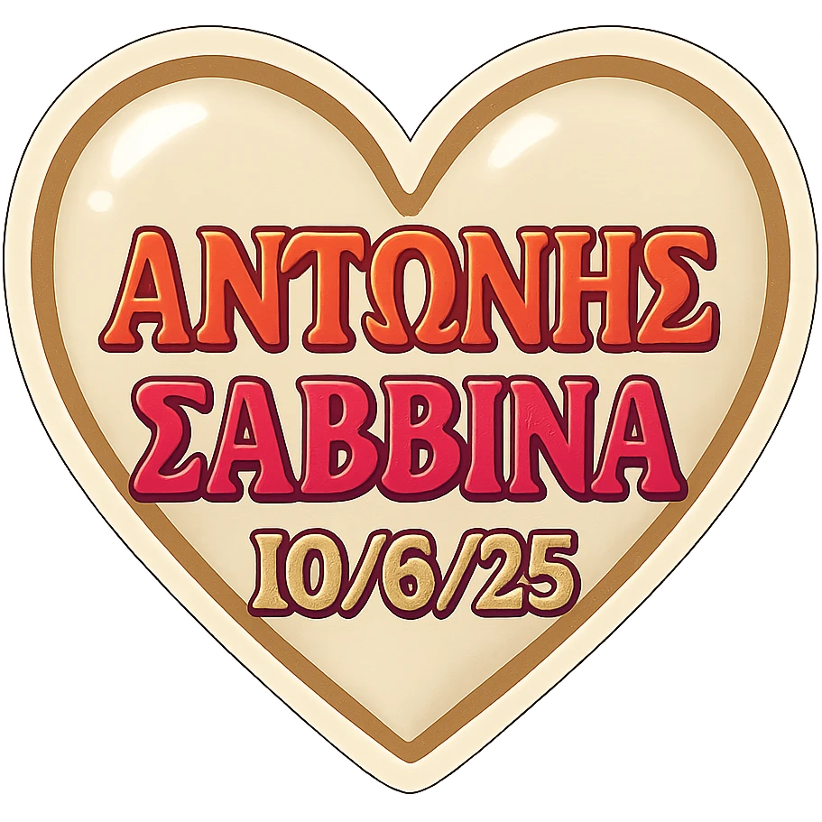 Add the date 10/6/25 below the Greek names ΑΝΤΩΝΗΣ and ΣΑΒΒΙΝΑ in the heart, keeping the elegant and clear style. emoji