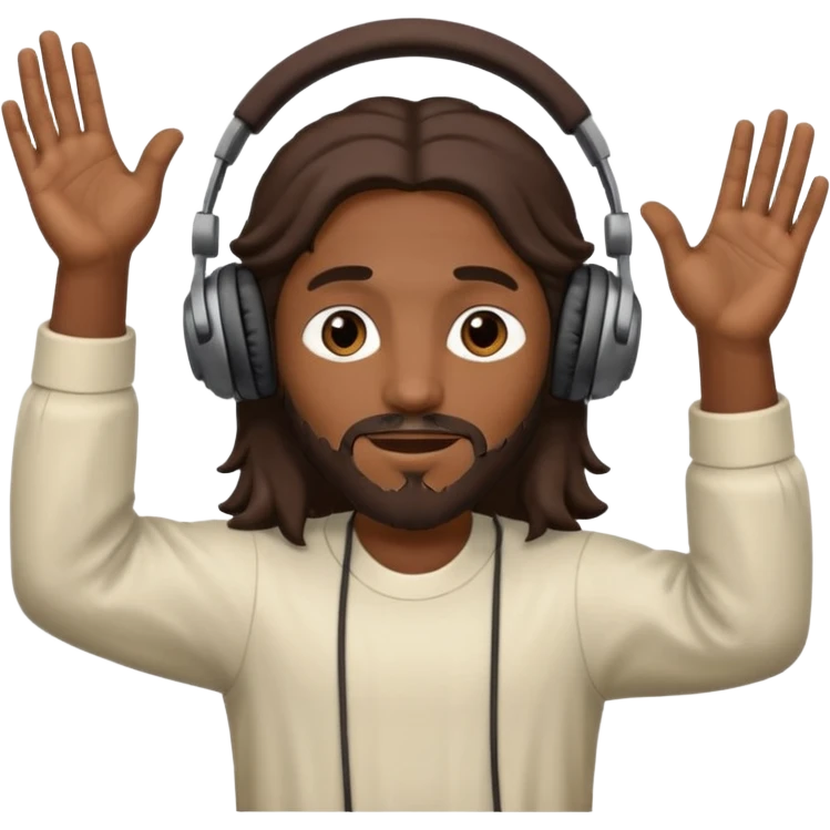 African American Jesus Christ wearing headphones listen to music with hands raised emoji