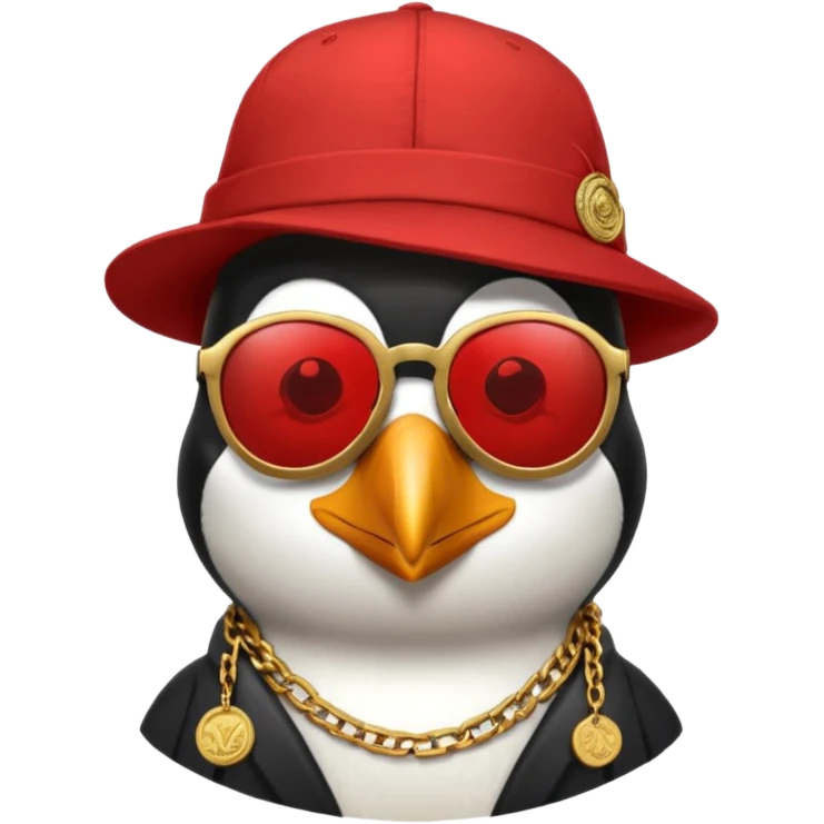 Mike D from Beastie Boys with dark sun glasses and large penguin medallion on gold chain and Red Hat with Mike D printed on hat emoji