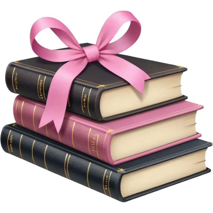 pile of books with a pink ribbon, iPhone emoji style, soft, pink palette emoji