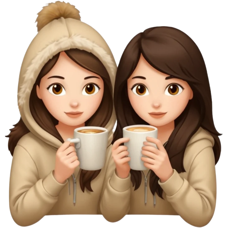 2 brunette girls sitting cozily in a beige fur hoodie sipping coffee emoji