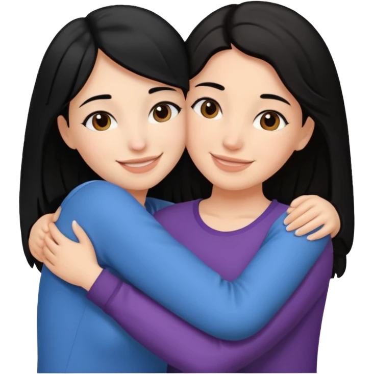Two female friends other has black hair other has brown hair hugging and smiling emoji